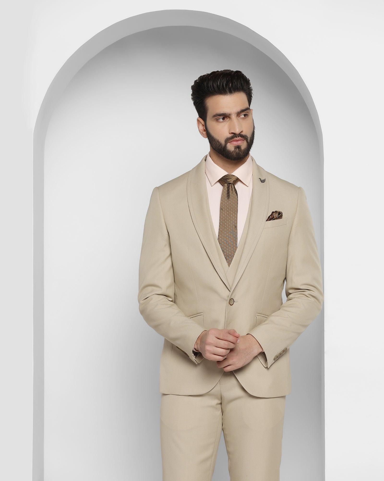 Beige Slim Fit Crosshatch Groom Suit for men by BespokeDailyShop